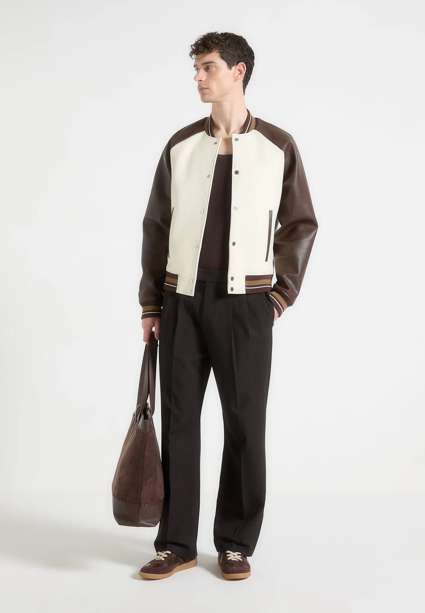 Guy - Contrast Leather Bomber Jacket - Cream/Brown sold by Maniere De Voir product image thumbnail 2