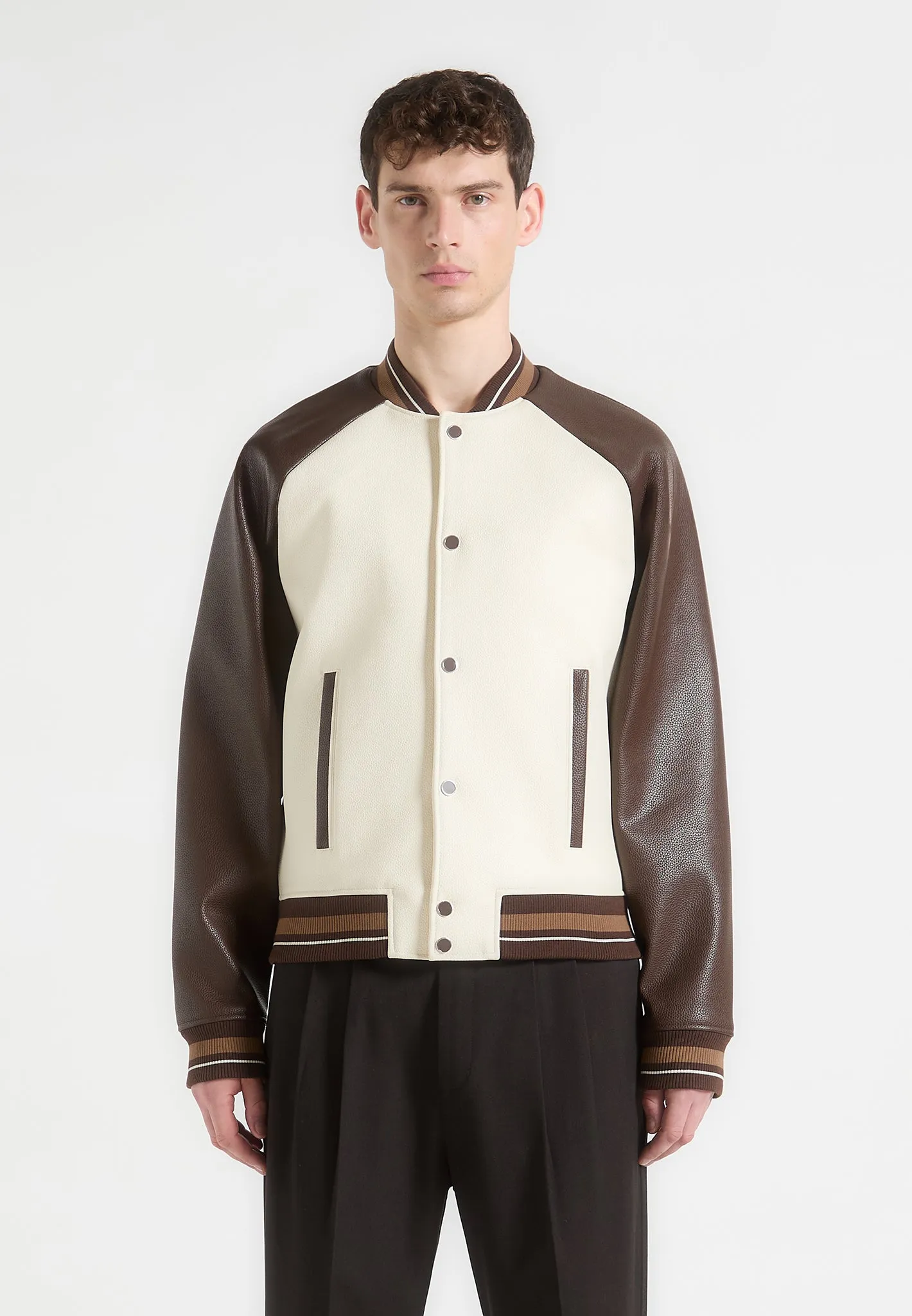 Guy - Contrast Leather Bomber Jacket - Cream/Brown sold by Maniere De Voir