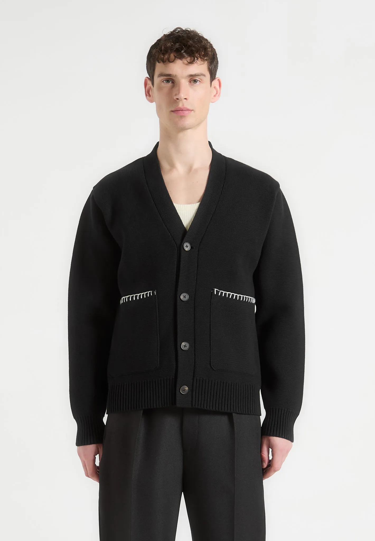 Gilbert - Whipstitch Combed Cotton Cardigan - Black sold by Maniere De Voir