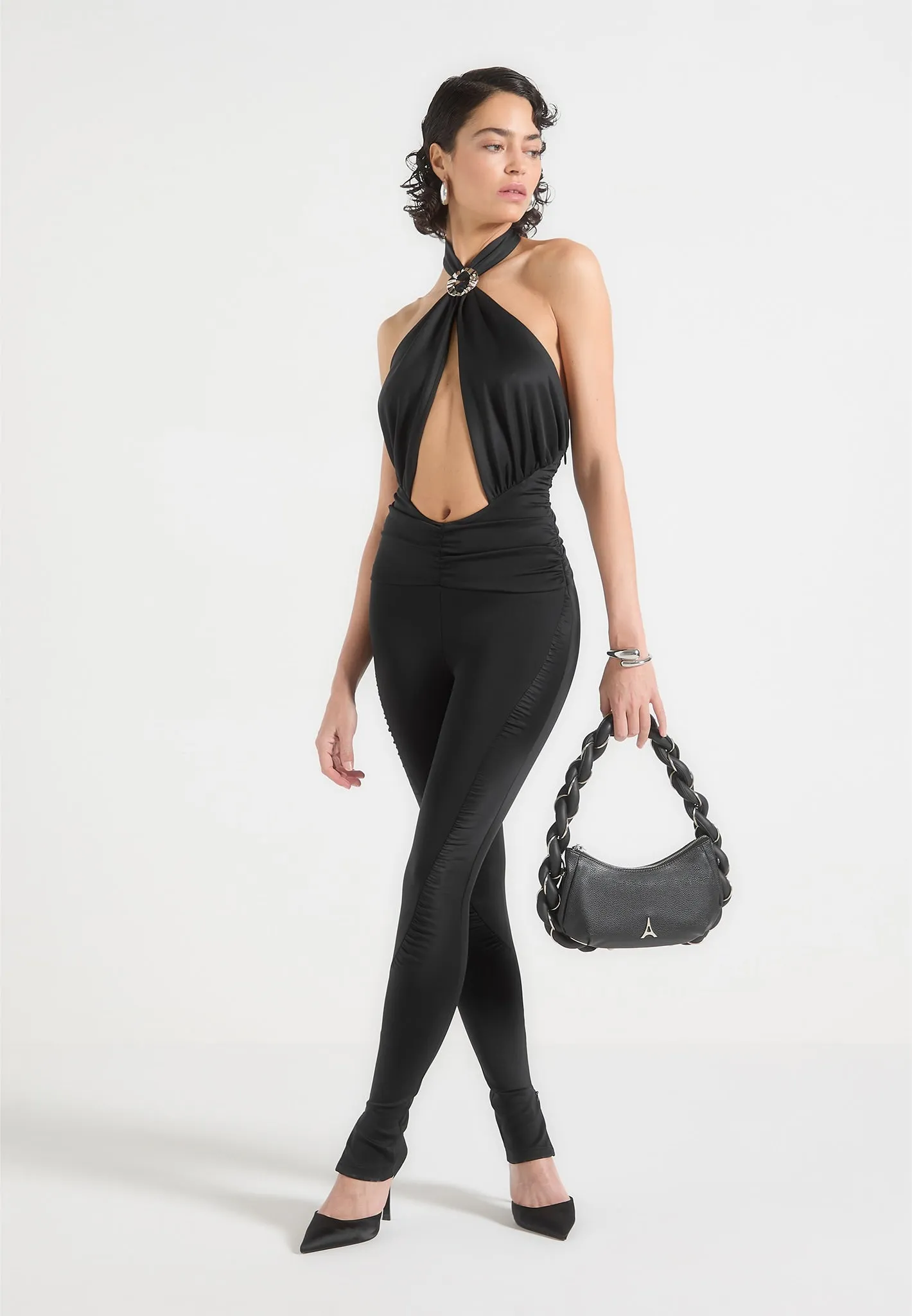 Twist Halterneck Ruched Jumpsuit - Black sold by Maniere De Voir