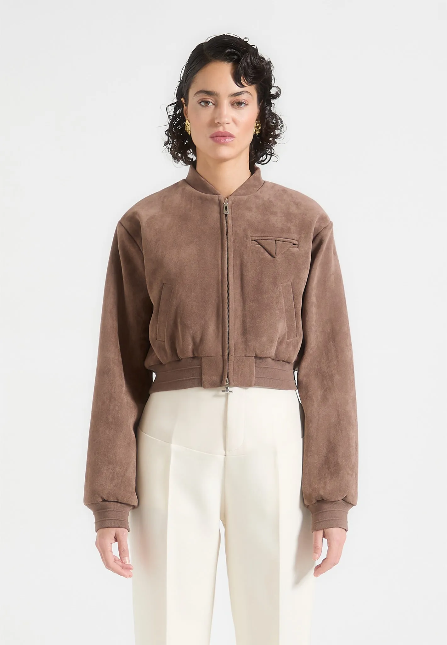 Monique - Suede Wide Shoulder Bomber Jacket - Taupe sold by Maniere De Voir product image thumbnail 4