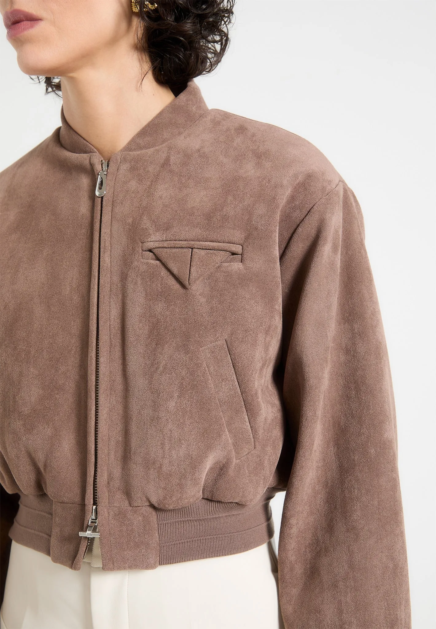 Monique - Suede Wide Shoulder Bomber Jacket - Taupe sold by Maniere De Voir product image thumbnail 5