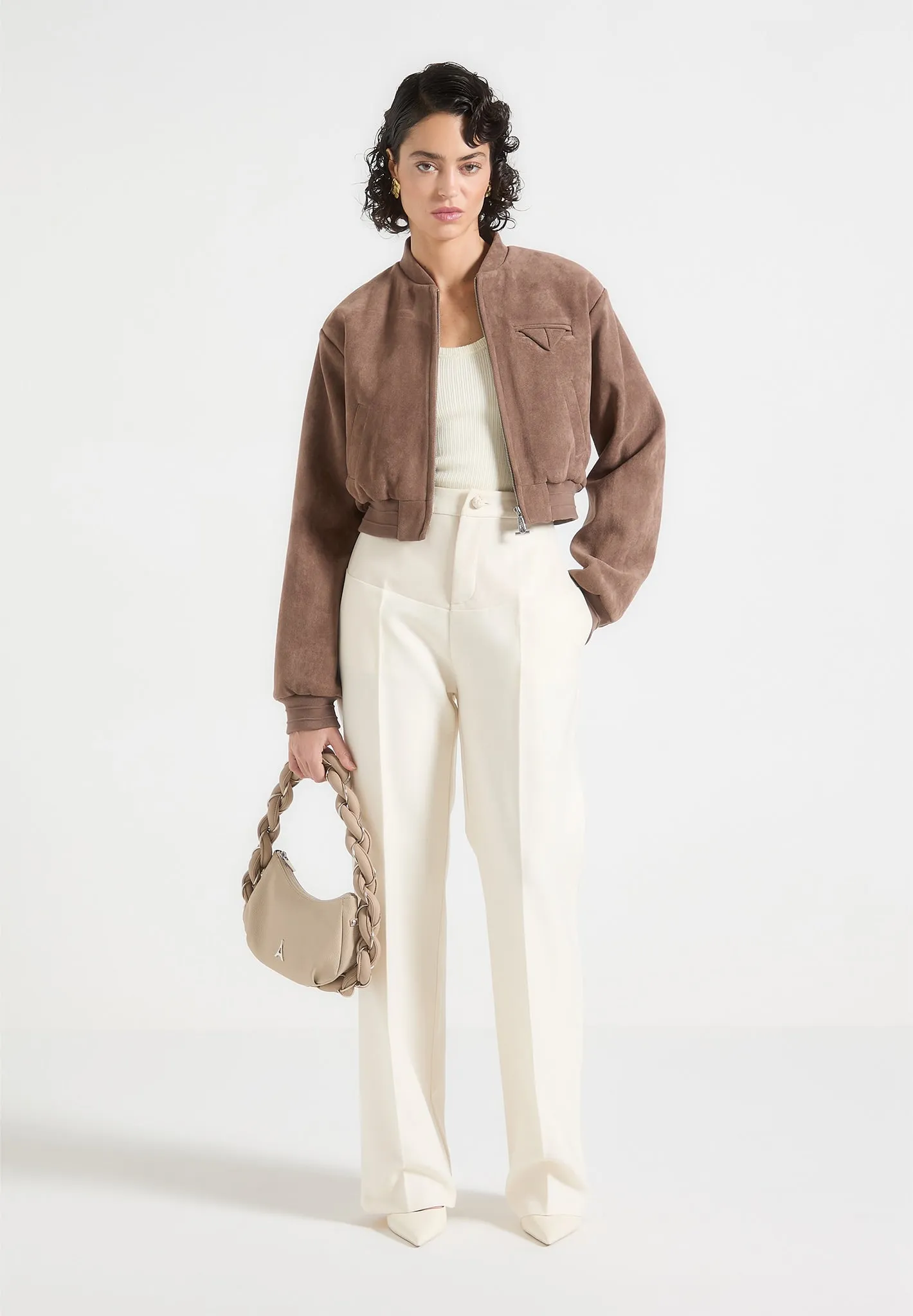 Monique - Suede Wide Shoulder Bomber Jacket - Taupe sold by Maniere De Voir product image thumbnail 2