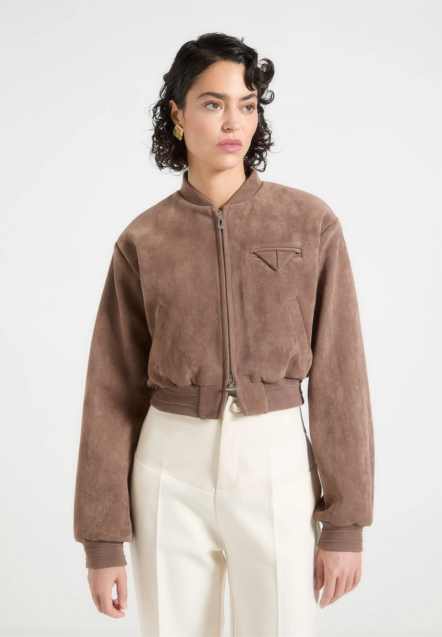 Monique - Suede Wide Shoulder Bomber Jacket - Taupe sold by Maniere De Voir