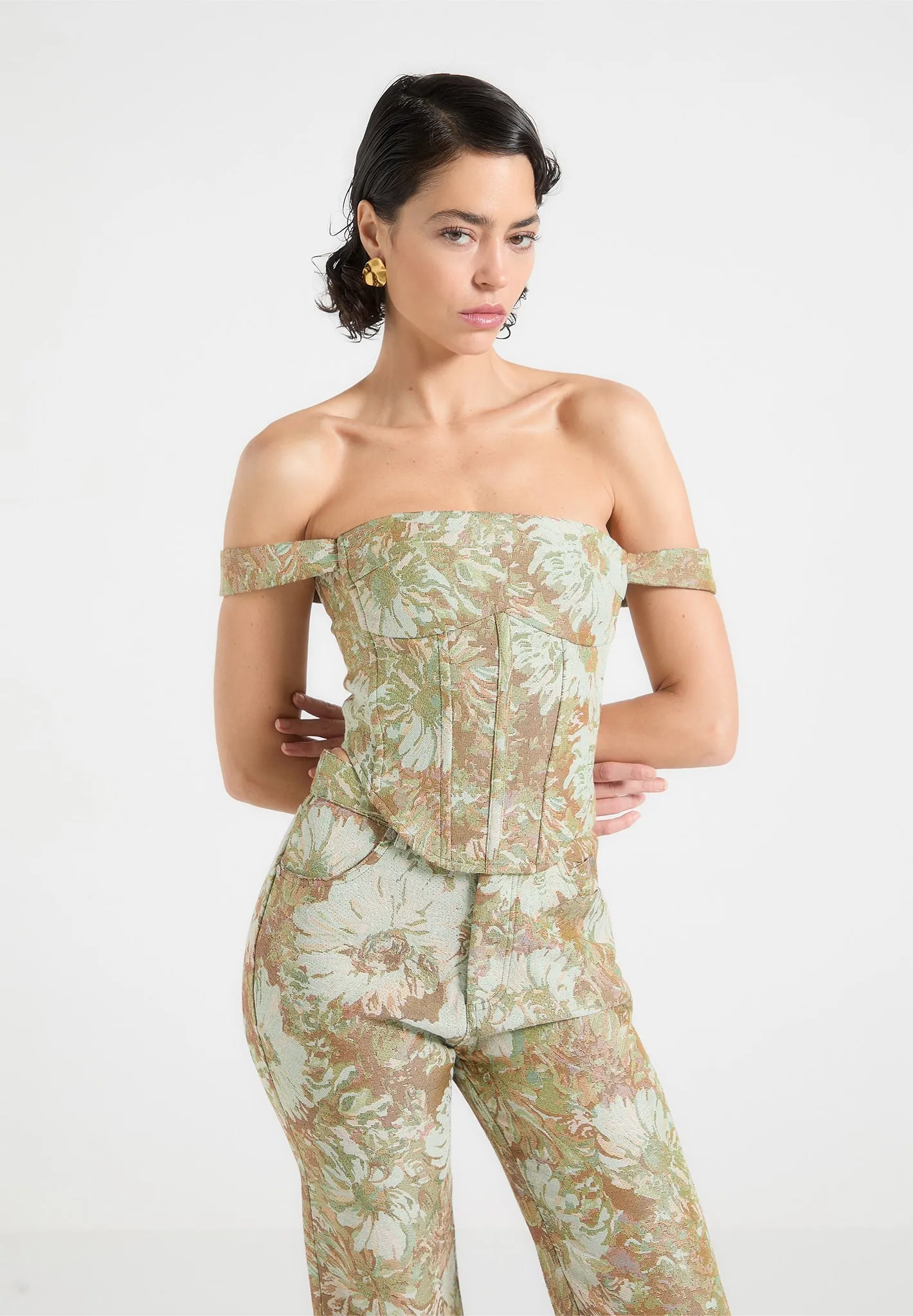 Bonnie - Jacquard Bardot Corset Top - Sage sold by Maniere De Voir
