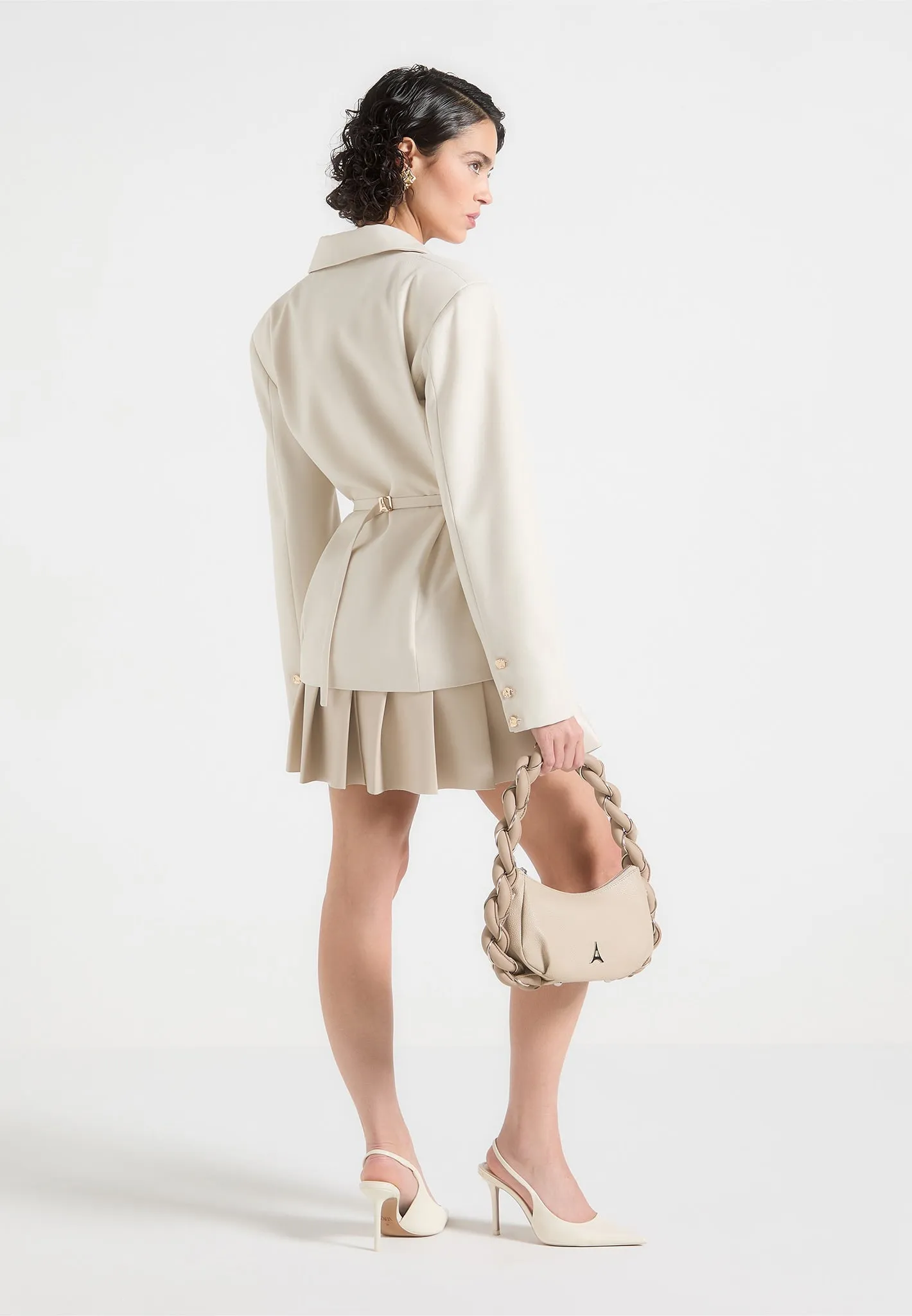 Nicole - Tailored Cinch Blazer Dress with Pleats - Cream/Beige sold by Maniere De Voir product image thumbnail 2