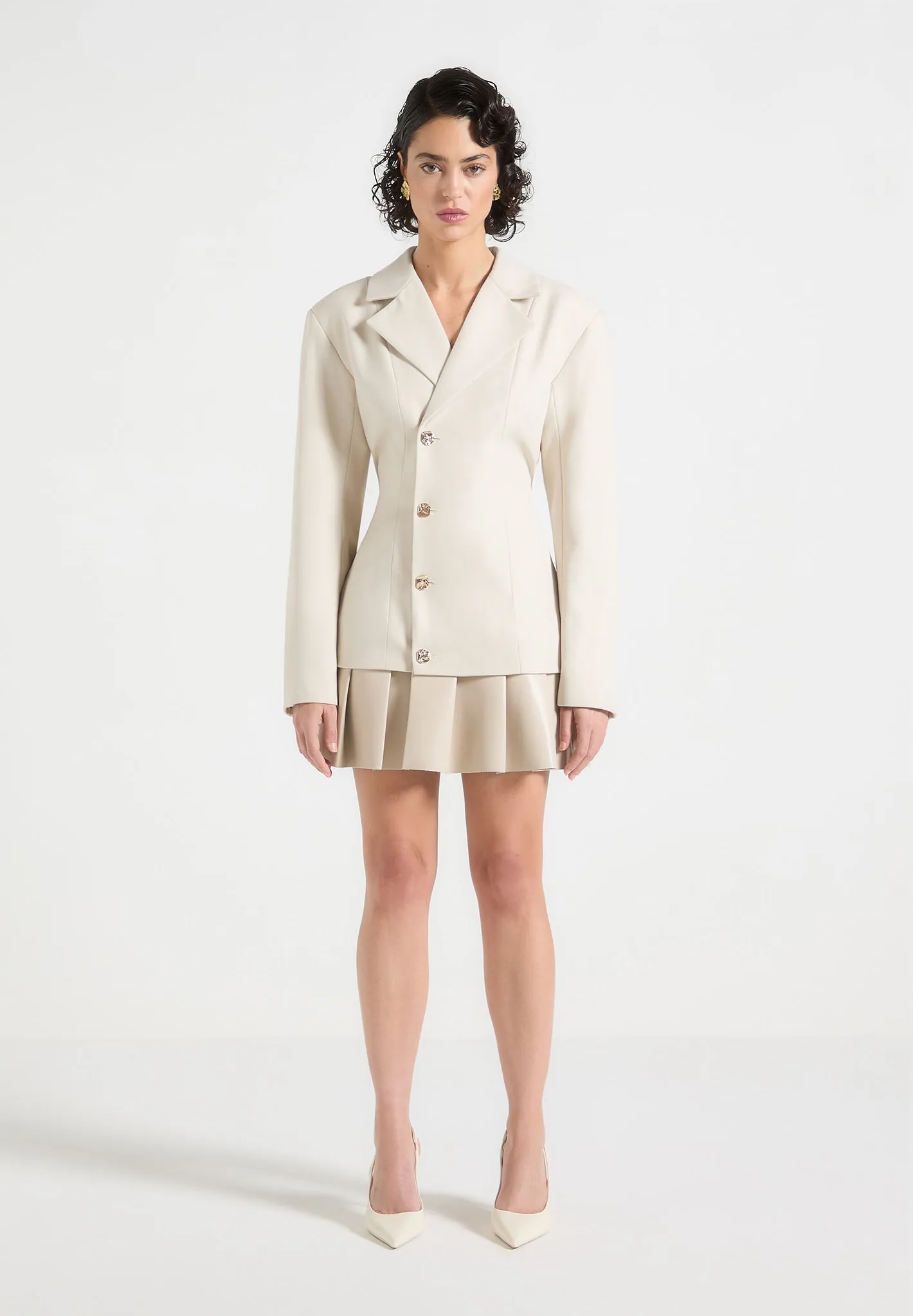 Nicole - Tailored Cinch Blazer Dress with Pleats - Cream/Beige sold by Maniere De Voir