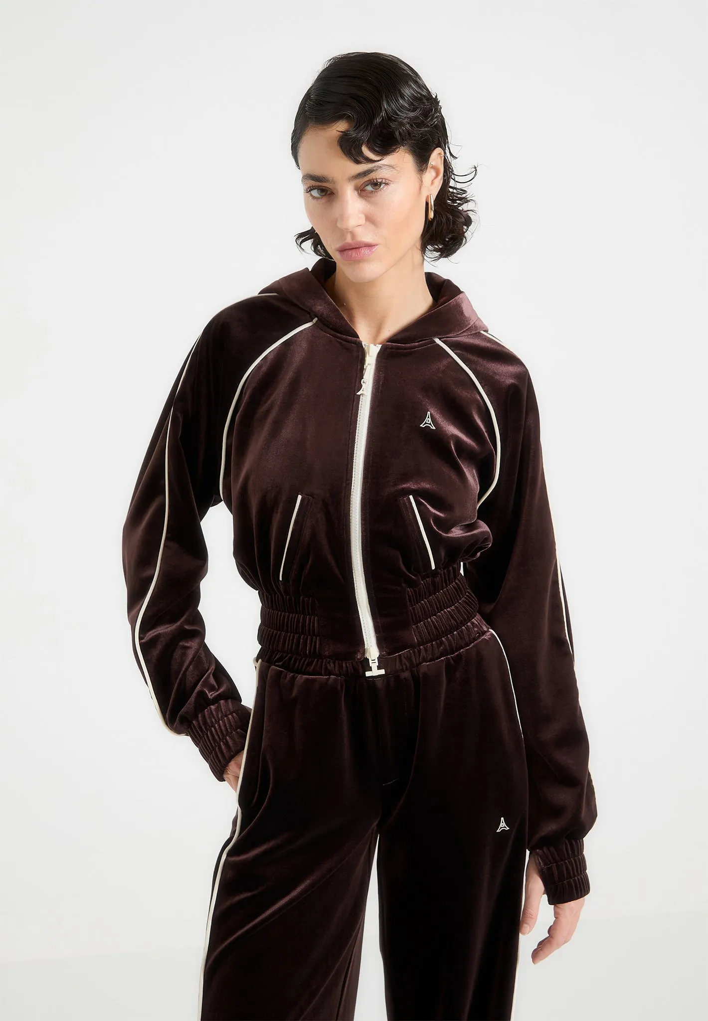 Eiffel Velour Zip Through Hoodie - Brown sold by Maniere De Voir