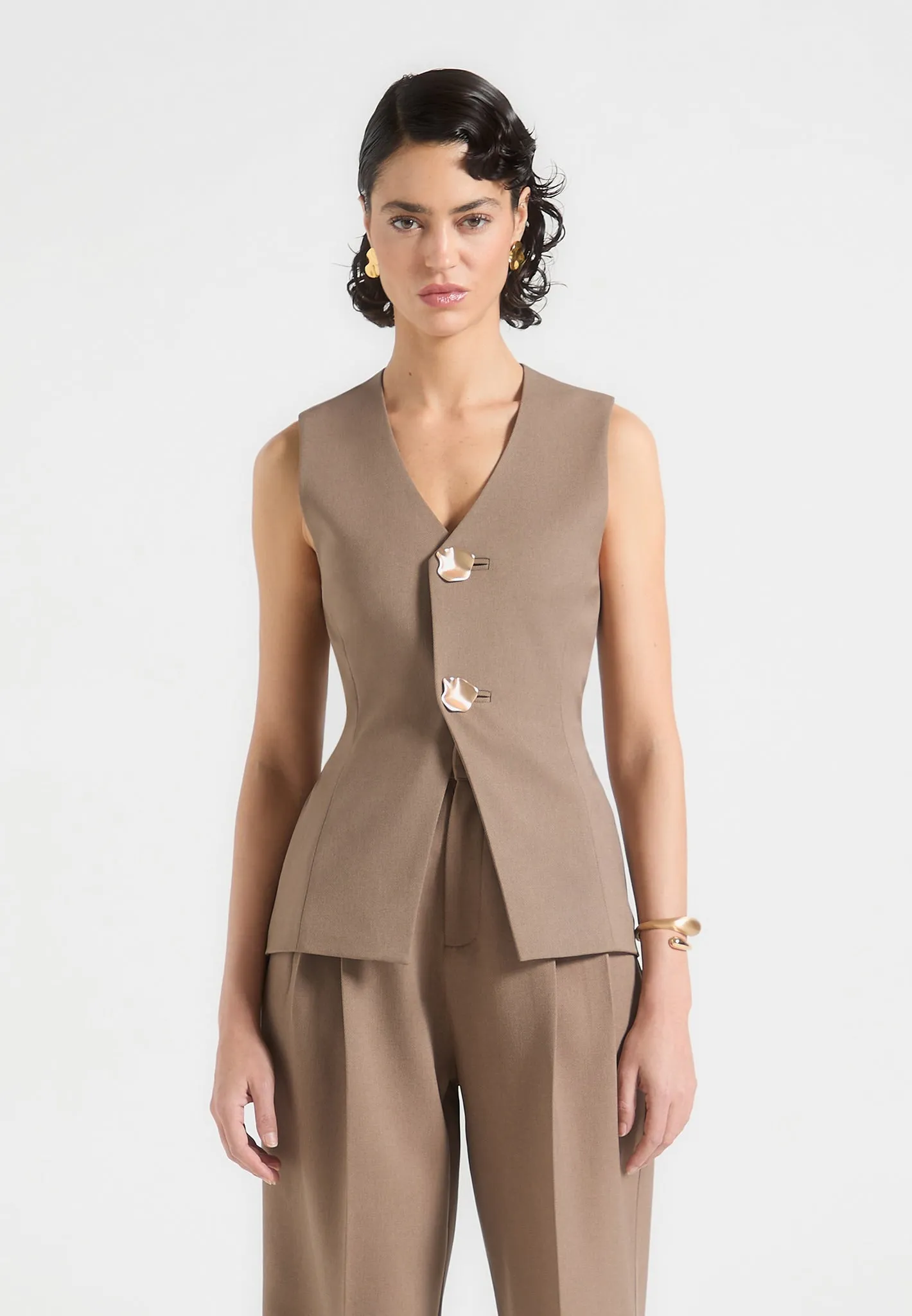 Simone - Cinch Waistcoat with Oversized Buttons - Taupe sold by Maniere De Voir product image thumbnail 4