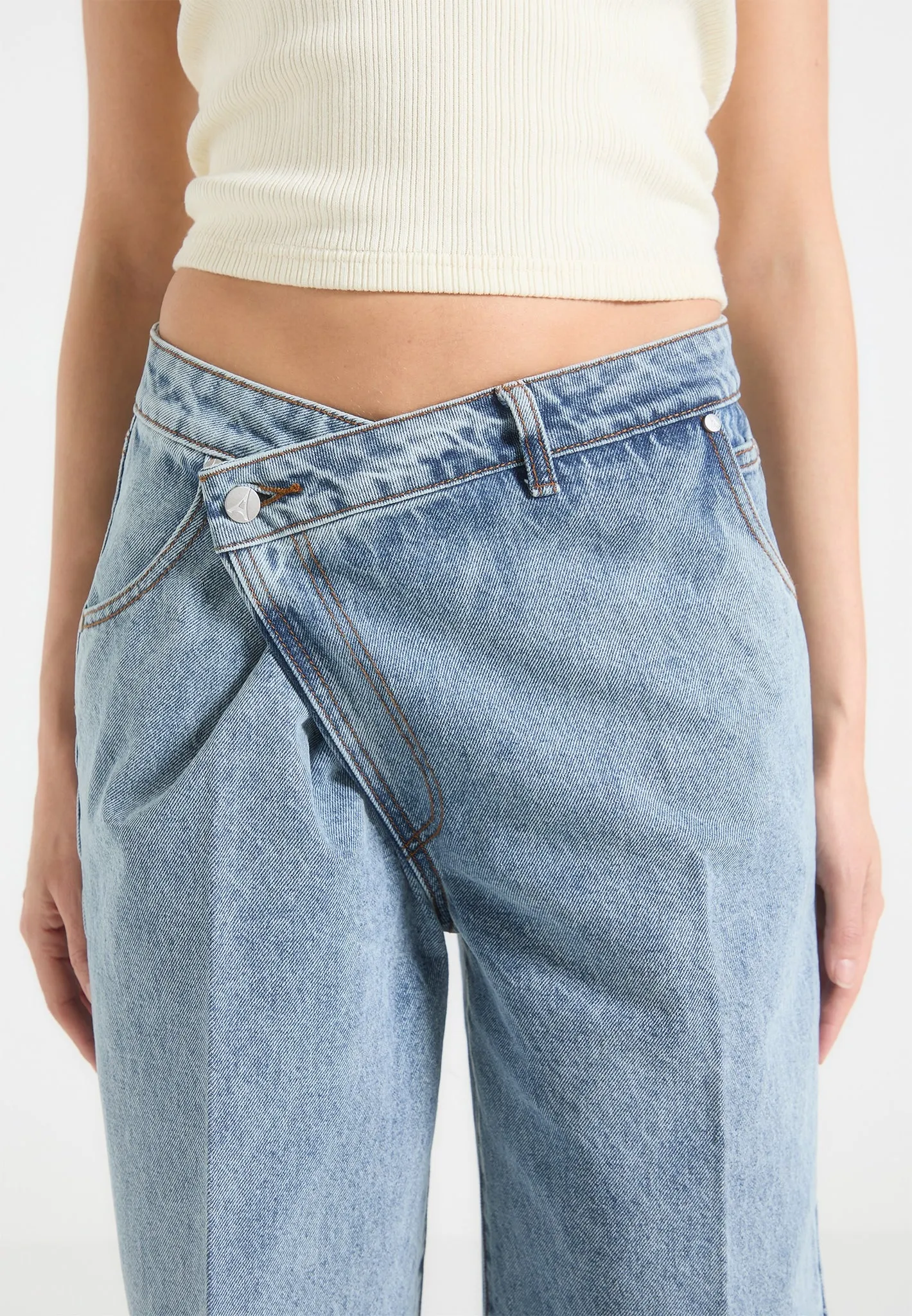 Astrid - Wrapover Wide Leg Jeans - Mid Blue sold by Maniere De Voir product image thumbnail 5