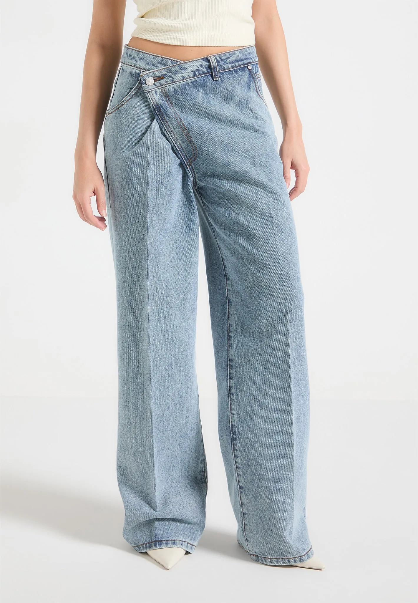 Astrid - Wrapover Wide Leg Jeans - Mid Blue sold by Maniere De Voir product image thumbnail 2