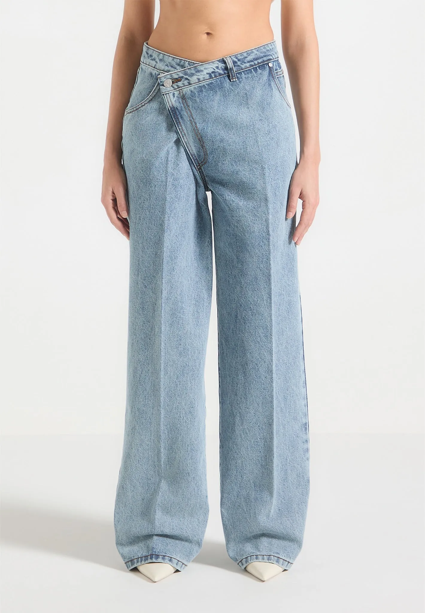 Astrid - Wrapover Wide Leg Jeans - Mid Blue sold by Maniere De Voir product image thumbnail 4