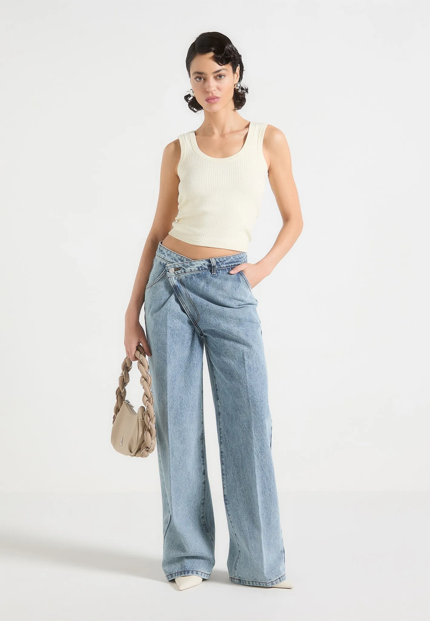 Astrid - Wrapover Wide Leg Jeans - Mid Blue sold by Maniere De Voir