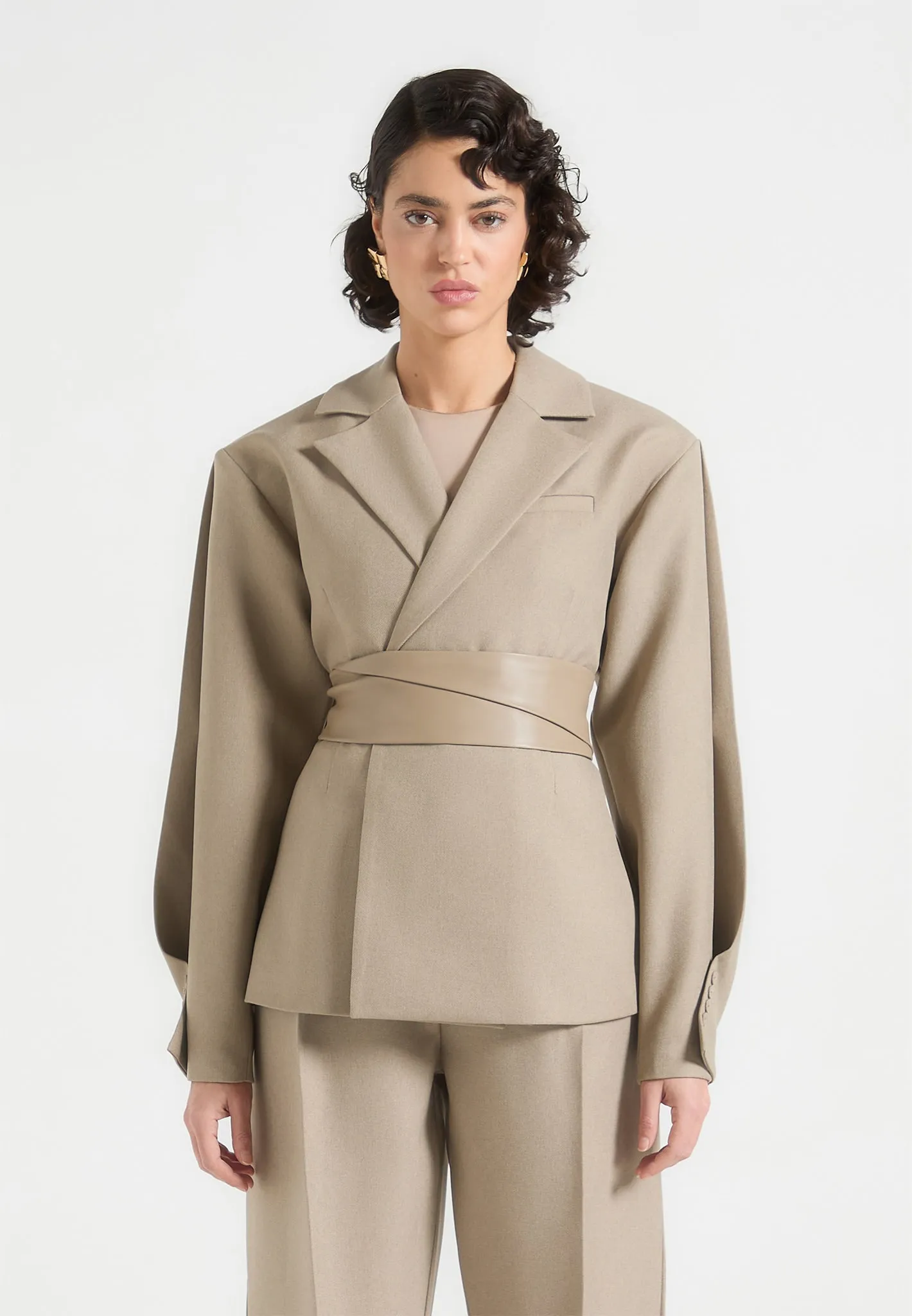 Marie - Twist Sleeve Tailored Blazer with Belt - Taupe sold by Maniere De Voir product image thumbnail 3