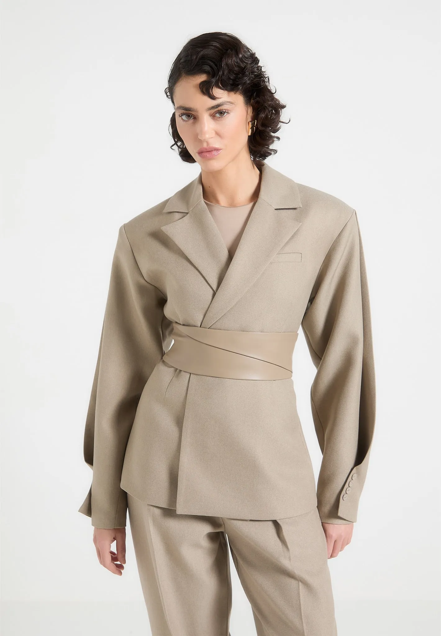 Marie - Twist Sleeve Tailored Blazer with Belt - Taupe sold by Maniere De Voir