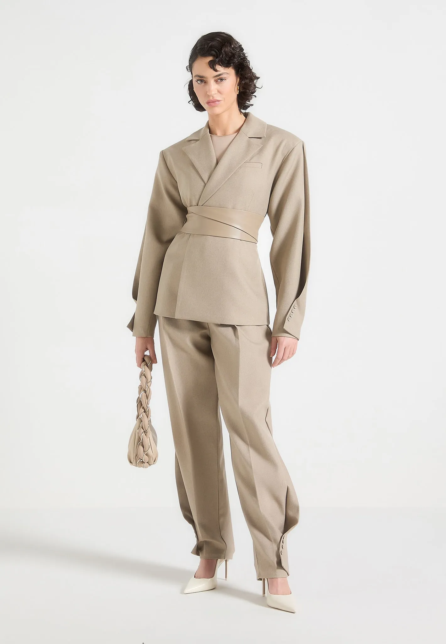 Marie - Twist Sleeve Tailored Blazer with Belt - Taupe sold by Maniere De Voir product image thumbnail 2