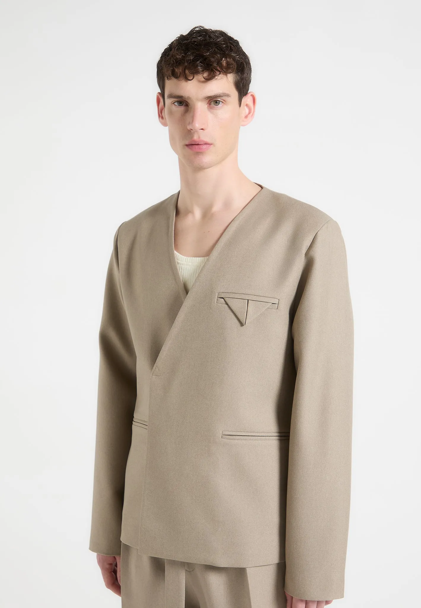 Colin - Collarless Double Breasted Minimal Blazer - Beige sold by Maniere De Voir product image thumbnail 3