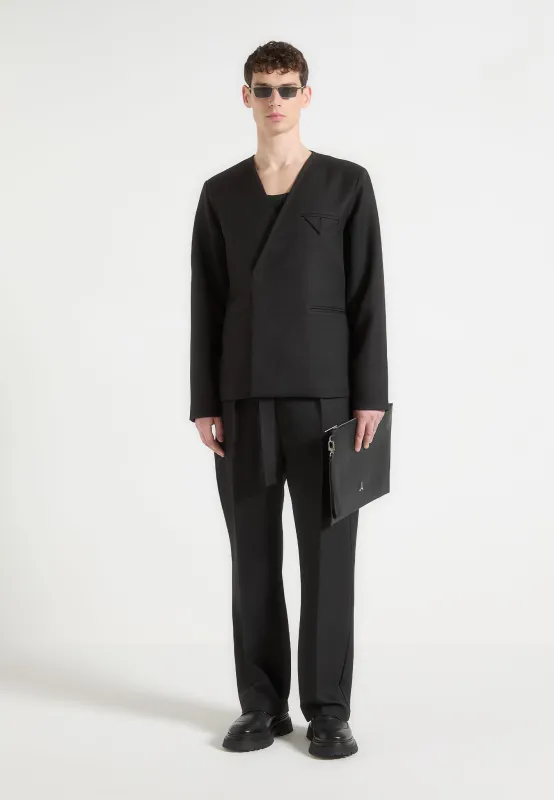 Colin - Collarless Double Breasted Minimal Blazer - Black sold by Maniere De Voir