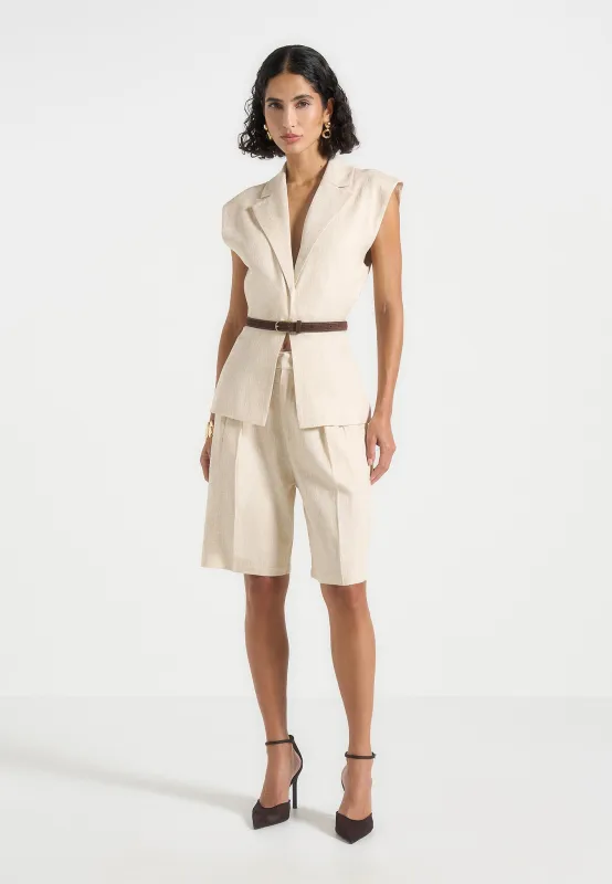 Linda - Linen Wide Shoulder Cinched Waistcoat - Natural sold by Maniere De Voir