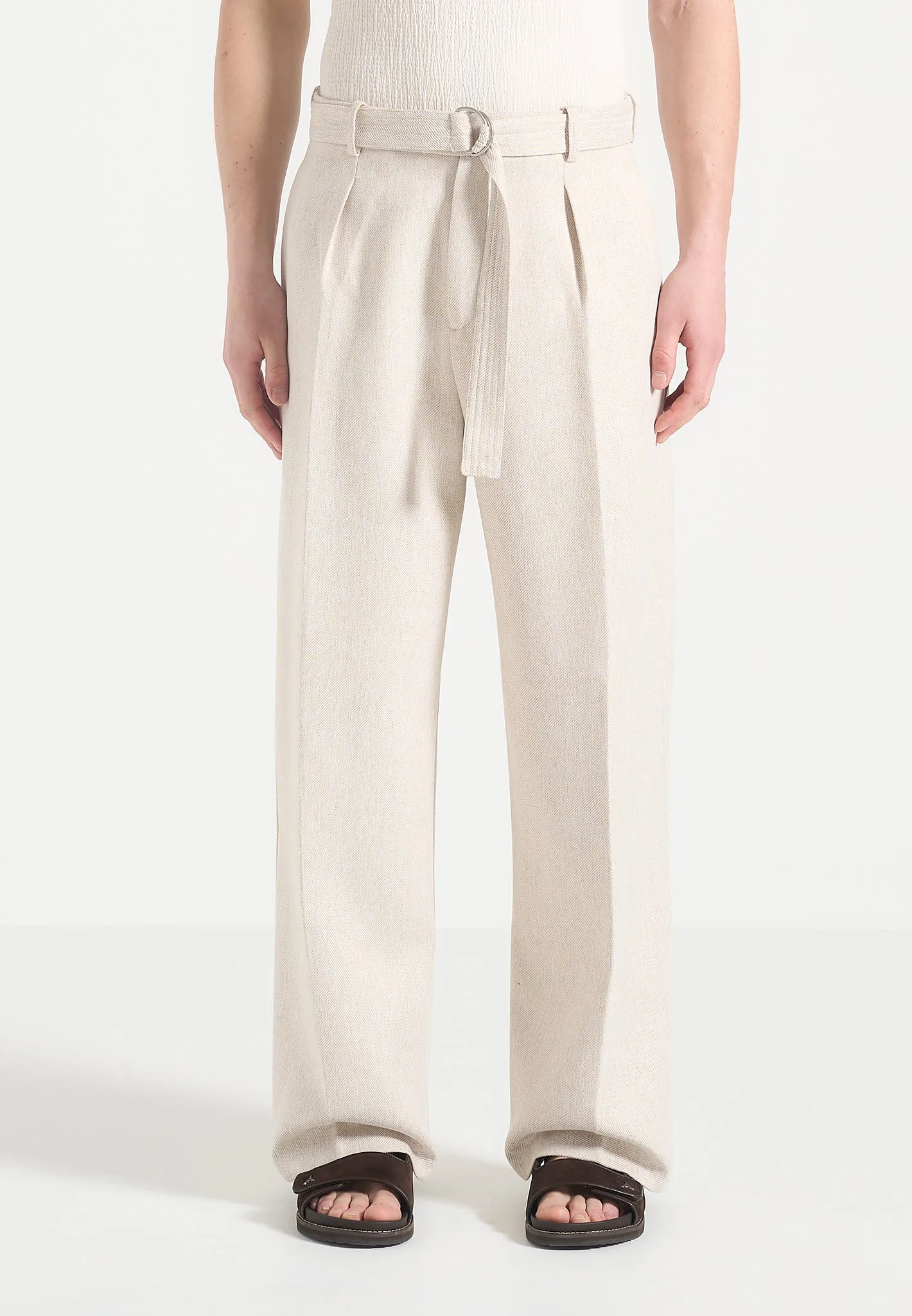 Loic - Wide Leg Textured Trousers with Belt - Cream sold by Maniere De Voir product image thumbnail 5