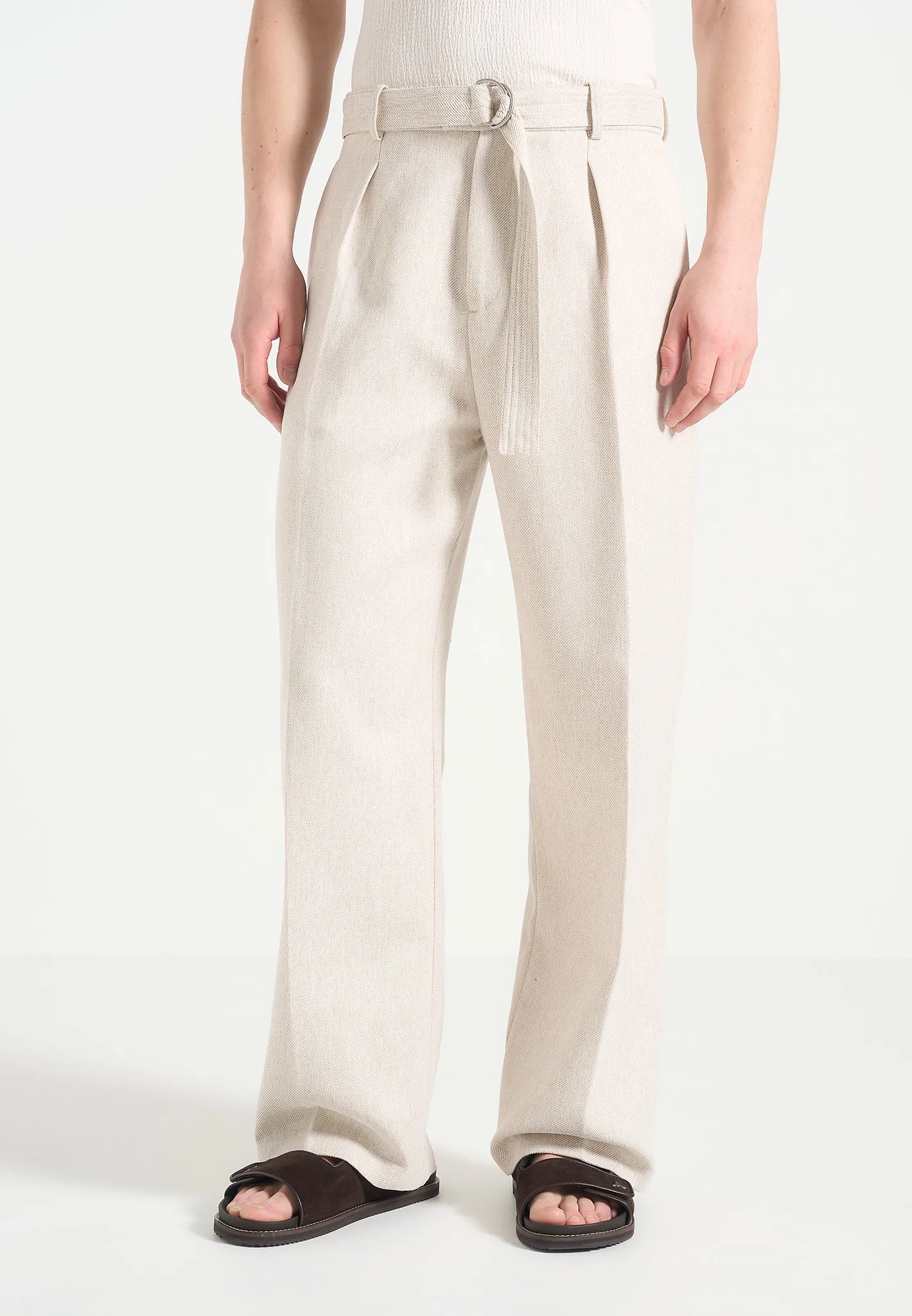 Loic - Wide Leg Textured Trousers with Belt - Cream sold by Maniere De Voir