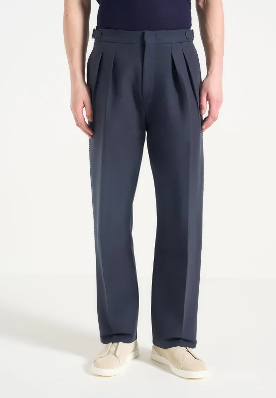 Nolan - Twin Pleat Chino Trousers with Stitch Detail - Navy sold by Maniere De Voir