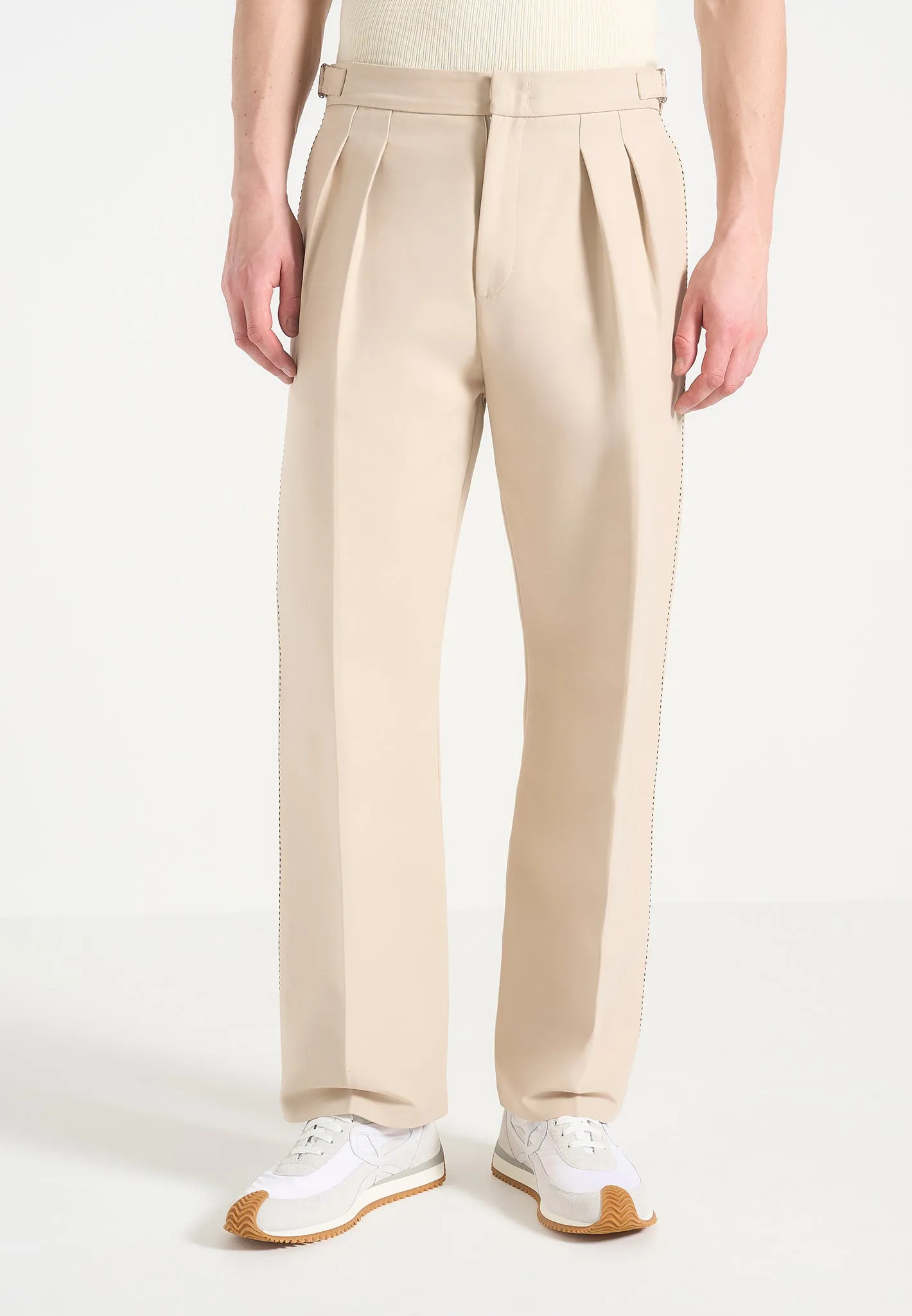 Nolan - Twin Pleat Chino Trousers with Stitch Detail - Beige sold by Maniere De Voir