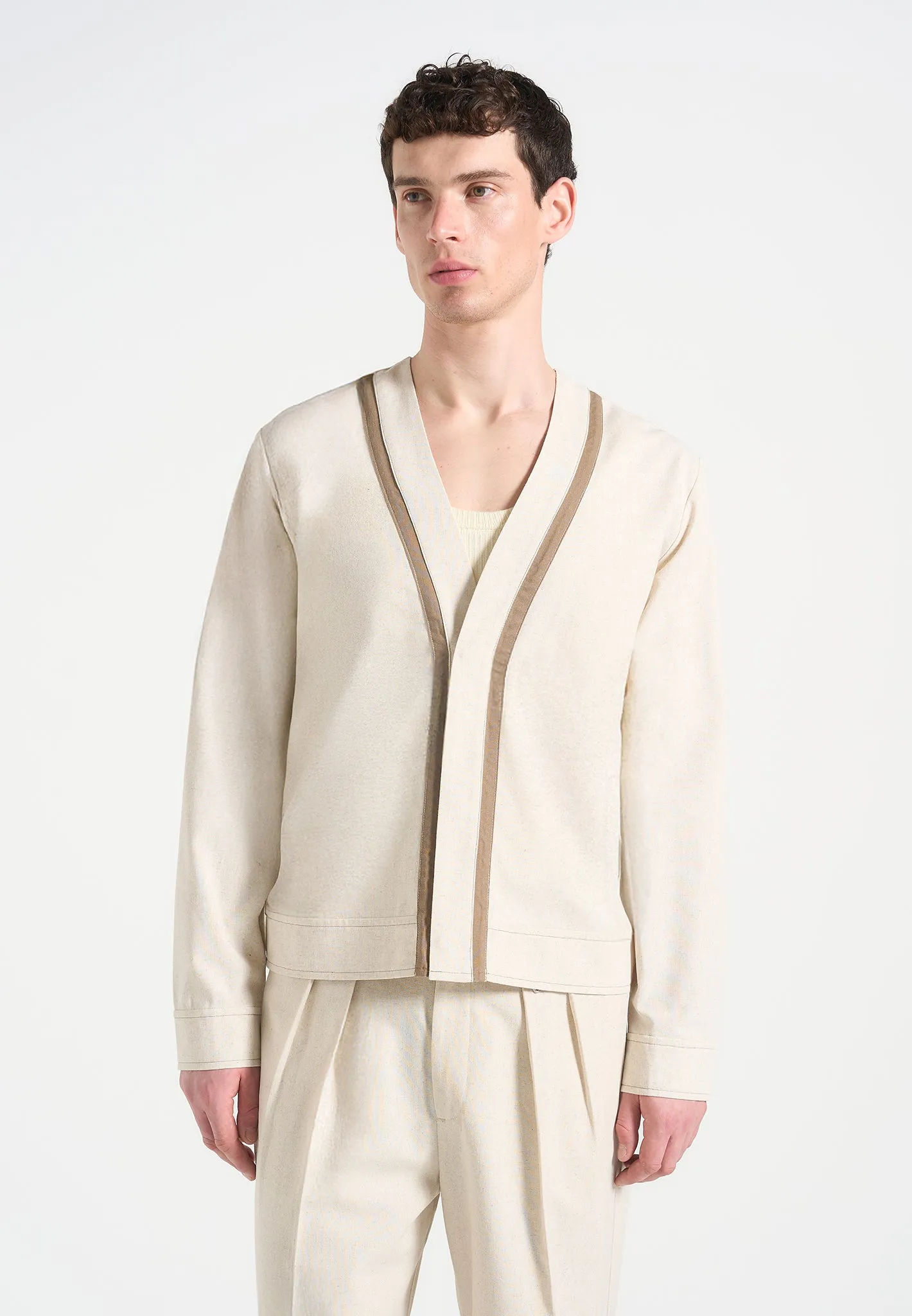 Alain - Linen Cardigan with Contrast Placket - Natural sold by Maniere De Voir product image thumbnail 2