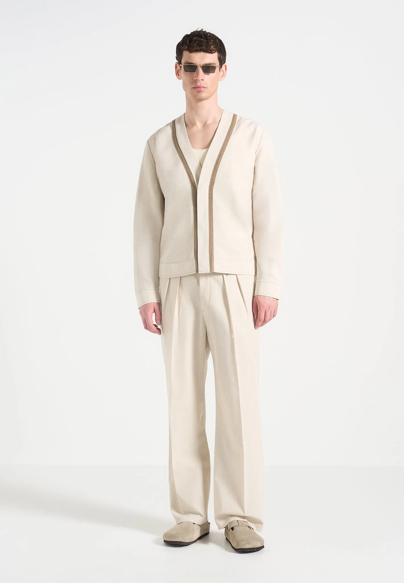 Alain - Linen Cardigan with Contrast Placket - Natural sold by Maniere De Voir