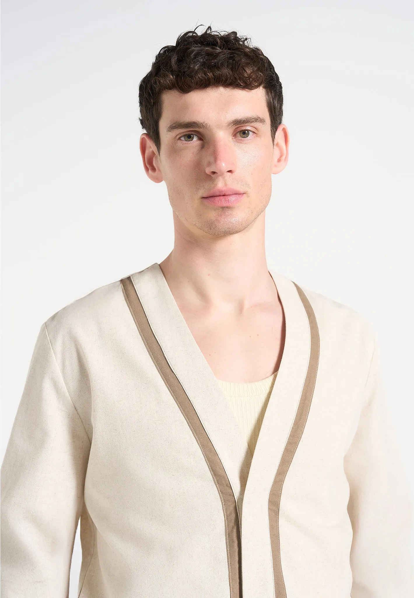 Alain - Linen Cardigan with Contrast Placket - Natural sold by Maniere De Voir product image thumbnail 3