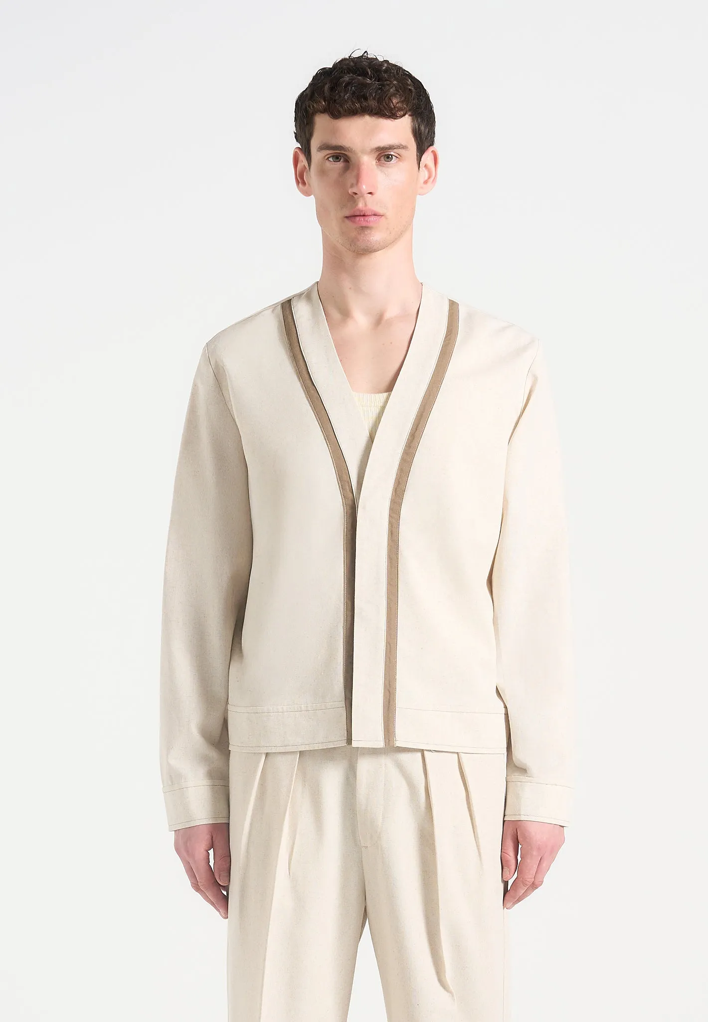 Alain - Linen Cardigan with Contrast Placket - Natural sold by Maniere De Voir product image thumbnail 5