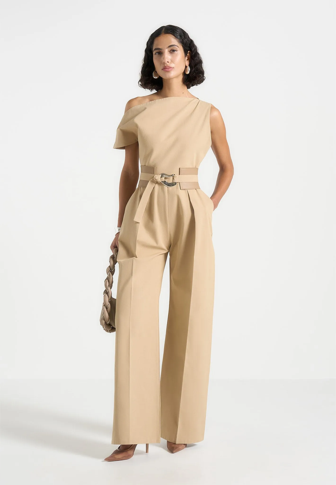 Valerie - Tailored Off Shoulder Jumpsuit with Belt - Beige sold by Maniere De Voir
