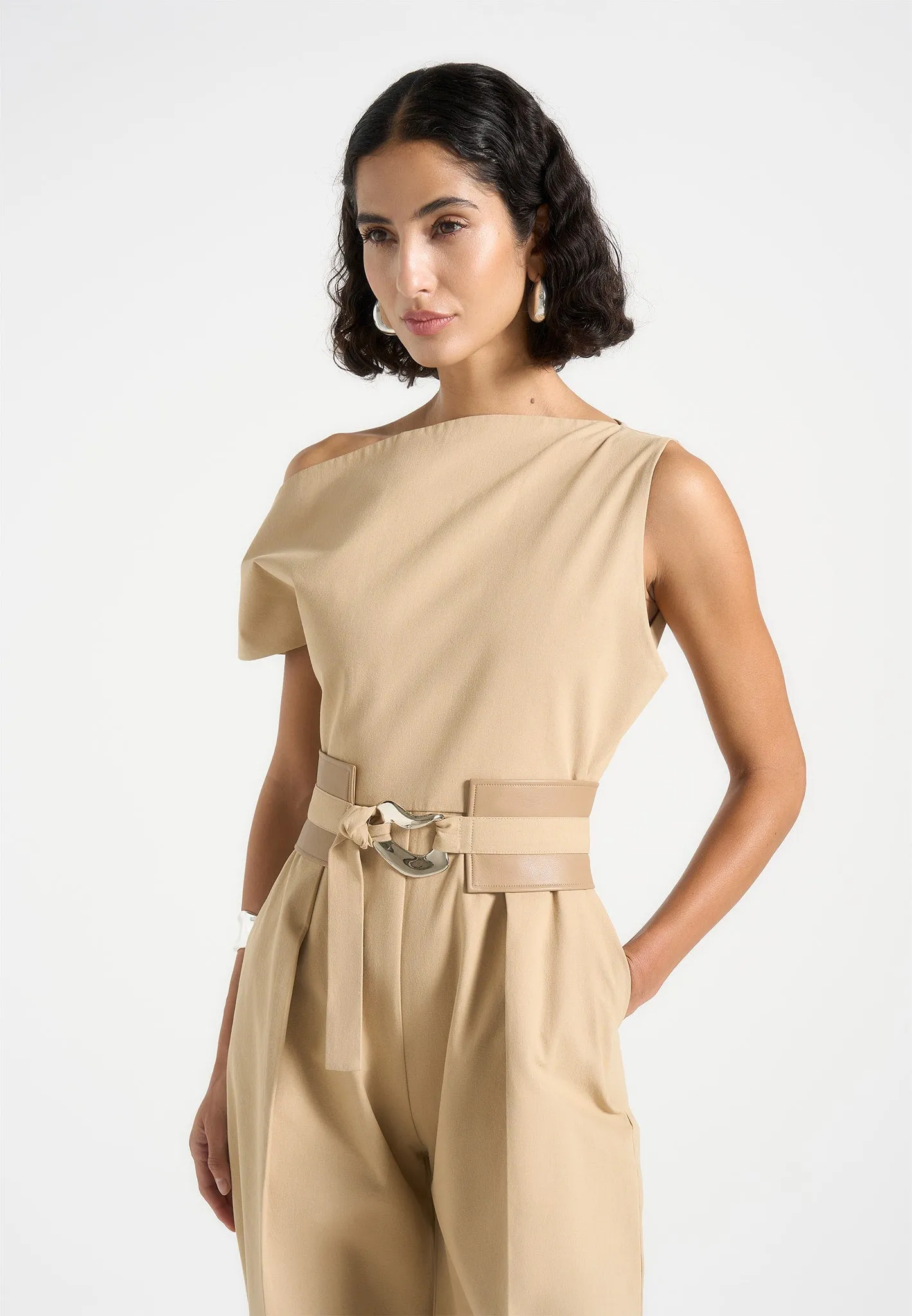 Valerie - Tailored Off Shoulder Jumpsuit with Belt - Beige sold by Maniere De Voir product image thumbnail 2
