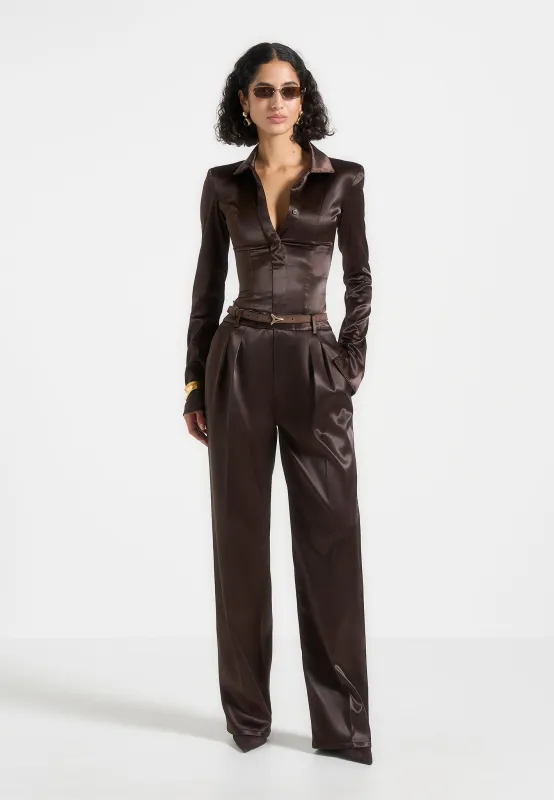 Julie - Satin Tailored Twin Pleat Trousers - Brown sold by Maniere De Voir