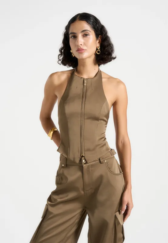 Claudette - Satin Halterneck Backless Top - Dark Olive sold by Maniere De Voir