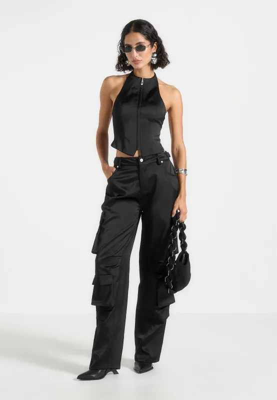Claudette - Satin Halterneck Backless Top - Black sold by Maniere De Voir