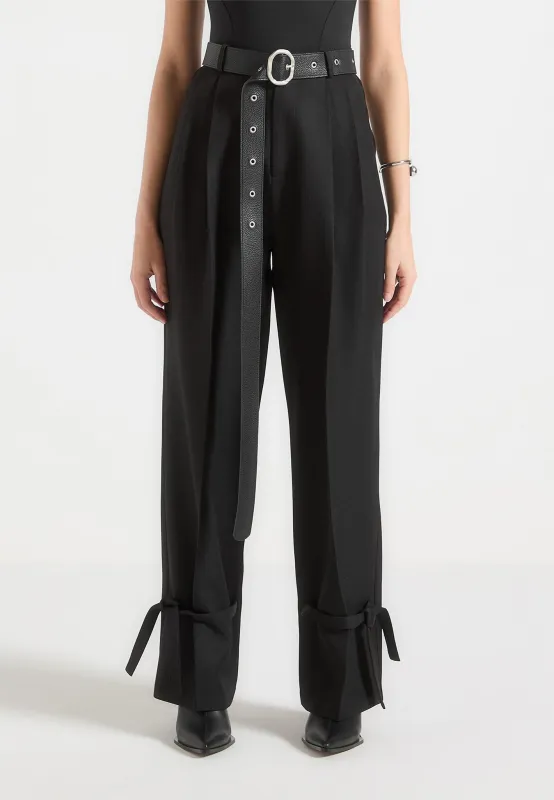 Suzanne - Tailored Trousers with Oversized Belt and Ankle Ties - Black made by Maniere De Voir