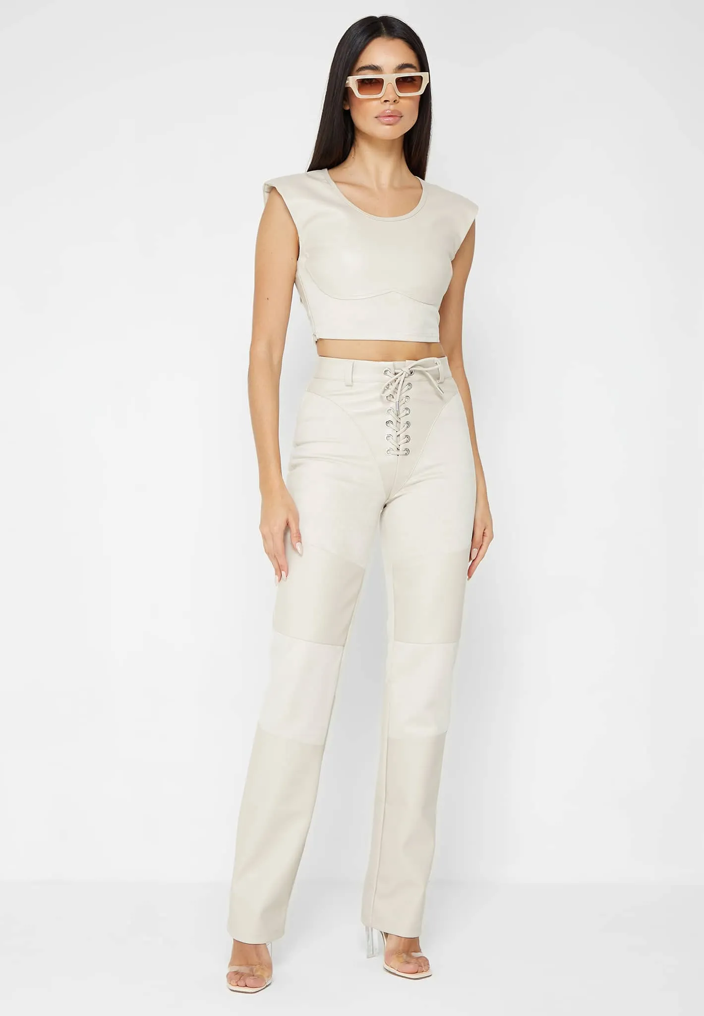 Wide Shoulder Leather and Suede Crop Top - Beige sold by Maniere De Voir product image thumbnail 2