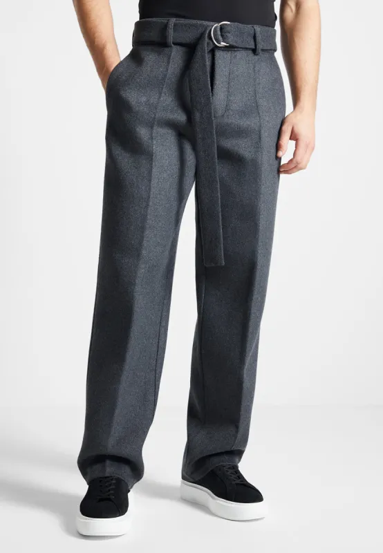 Wool Blend Marl Belted Trousers - Charcoal Grey sold by Maniere De Voir
