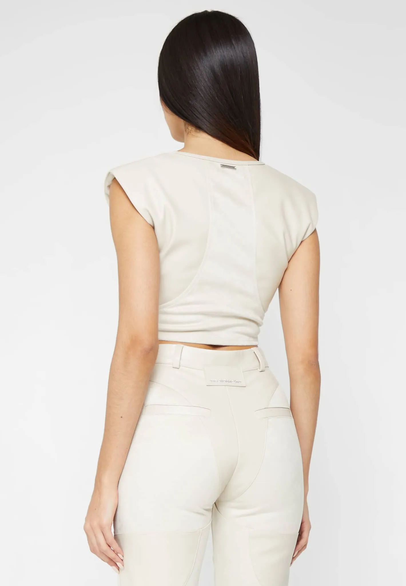 Wide Shoulder Leather and Suede Crop Top - Beige sold by Maniere De Voir product image thumbnail 4