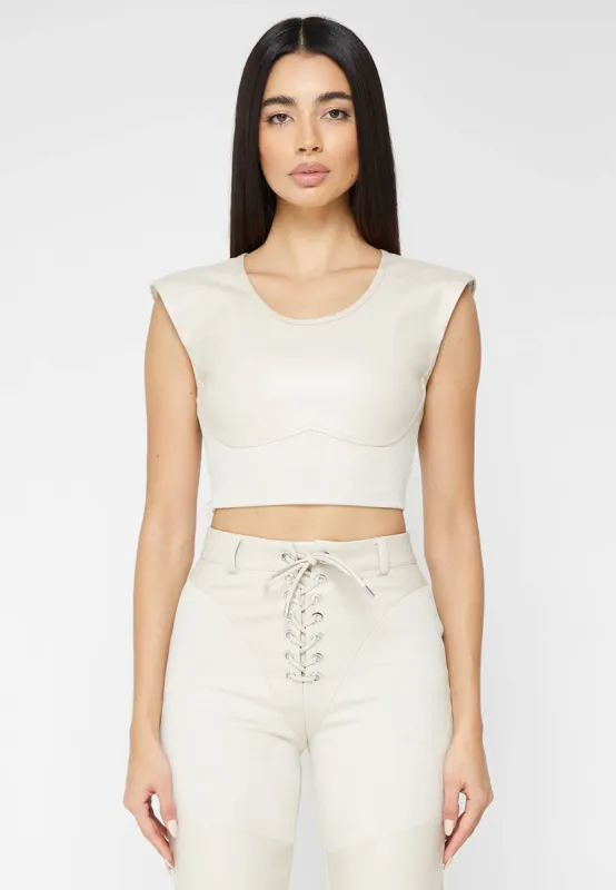 Wide Shoulder Leather and Suede Crop Top - Beige sold by Maniere De Voir