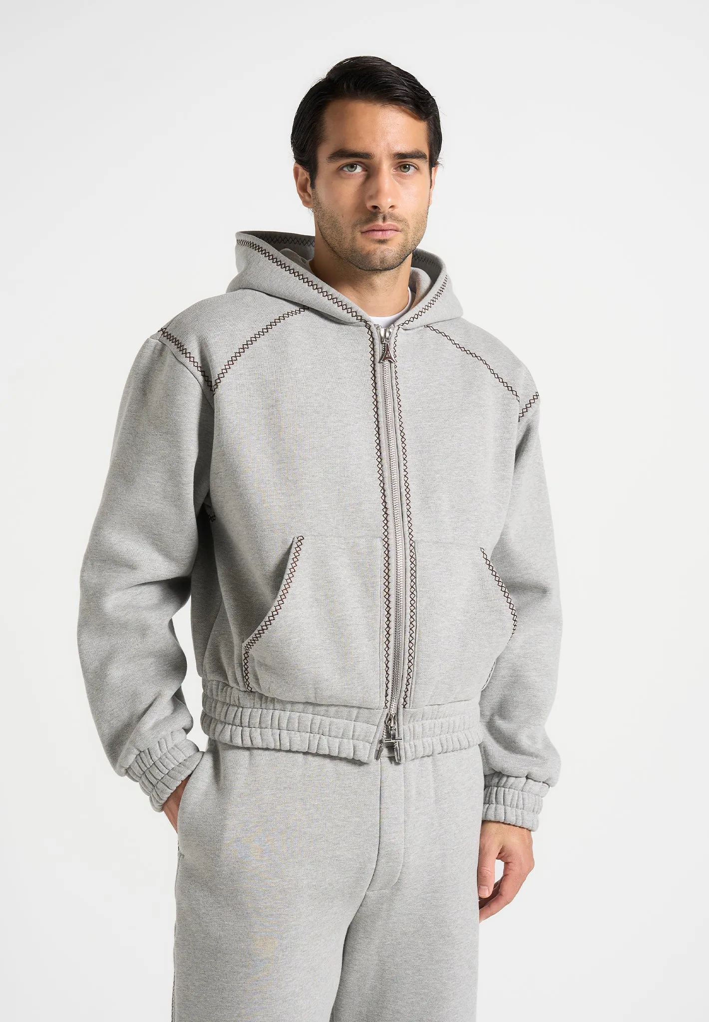 Ivan - Whipstitch Raglan Effect Zip Hoodie - Light Grey sold by Maniere De Voir