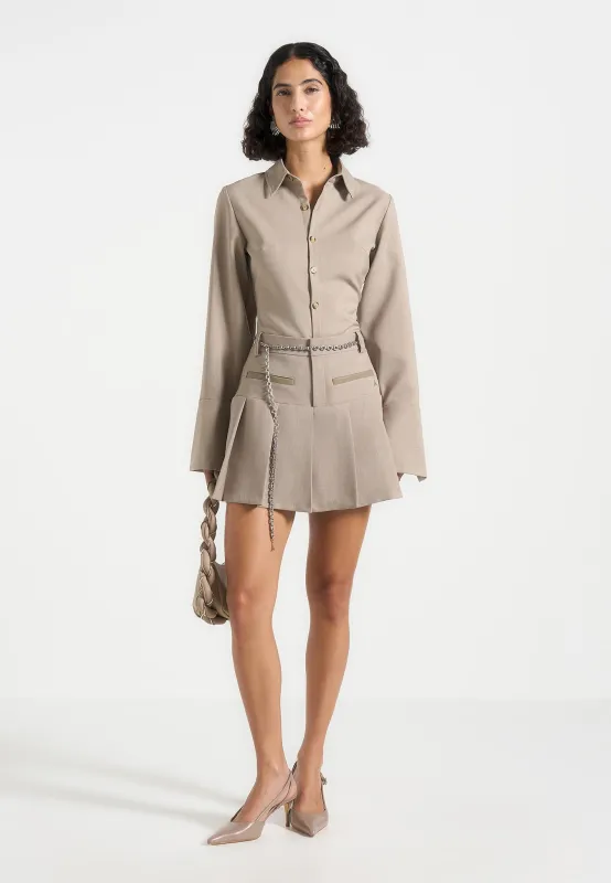 Elise - Tailored Pleated Skort with Belt - Taupe sold by Maniere De Voir