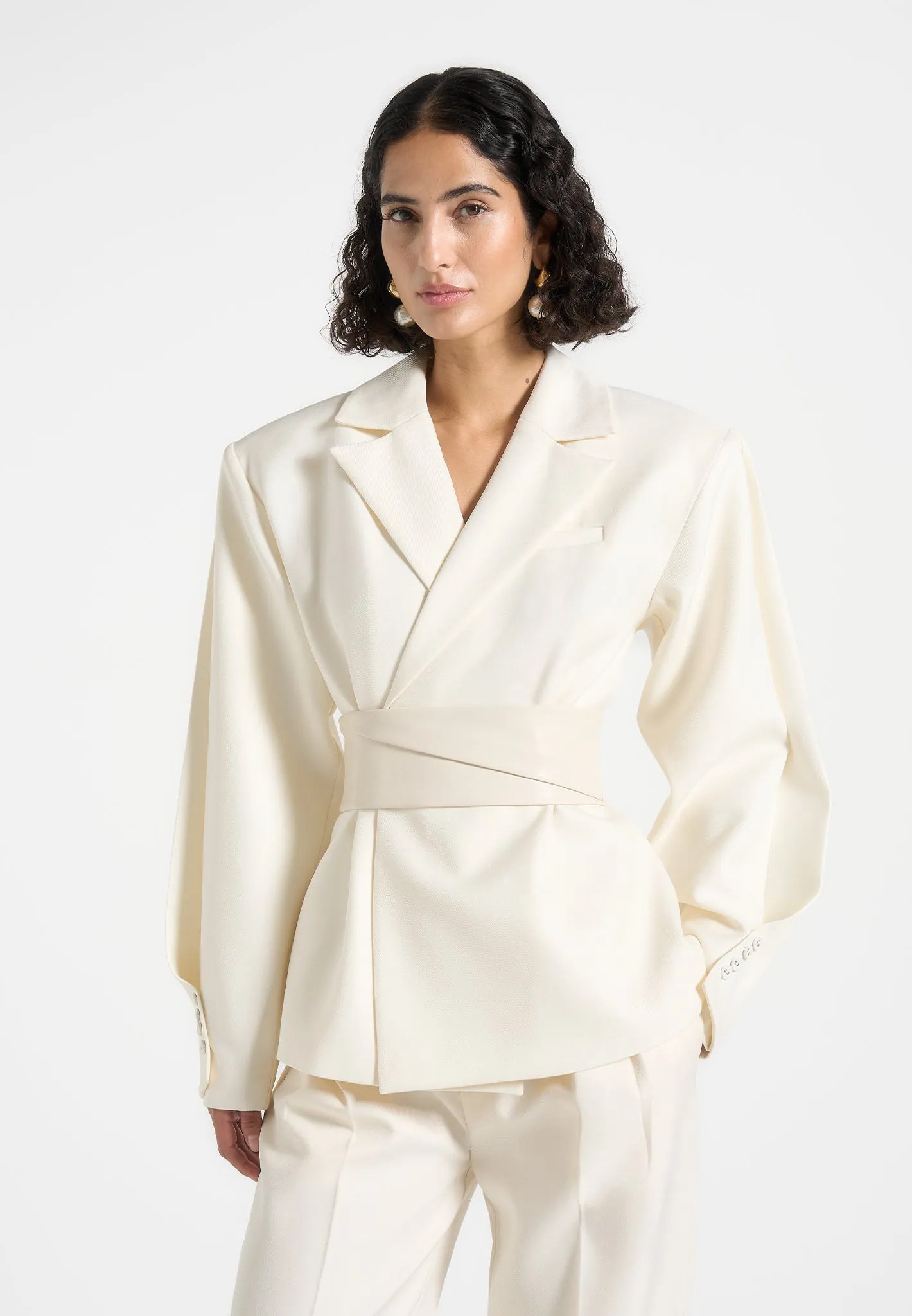 Marie - Twist Sleeve Tailored Blazer with Belt - Cream sold by Maniere De Voir product image thumbnail 2