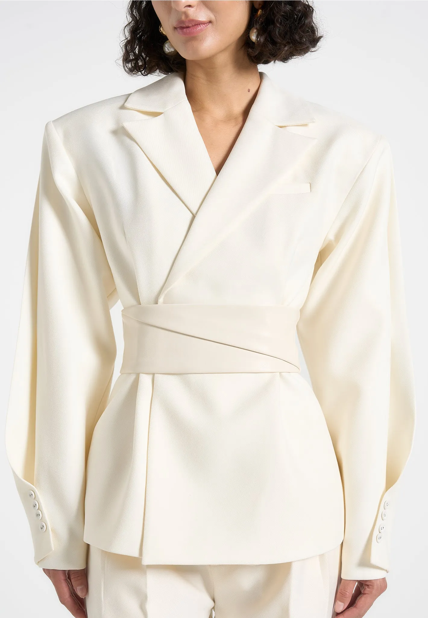 Marie - Twist Sleeve Tailored Blazer with Belt - Cream sold by Maniere De Voir product image thumbnail 3