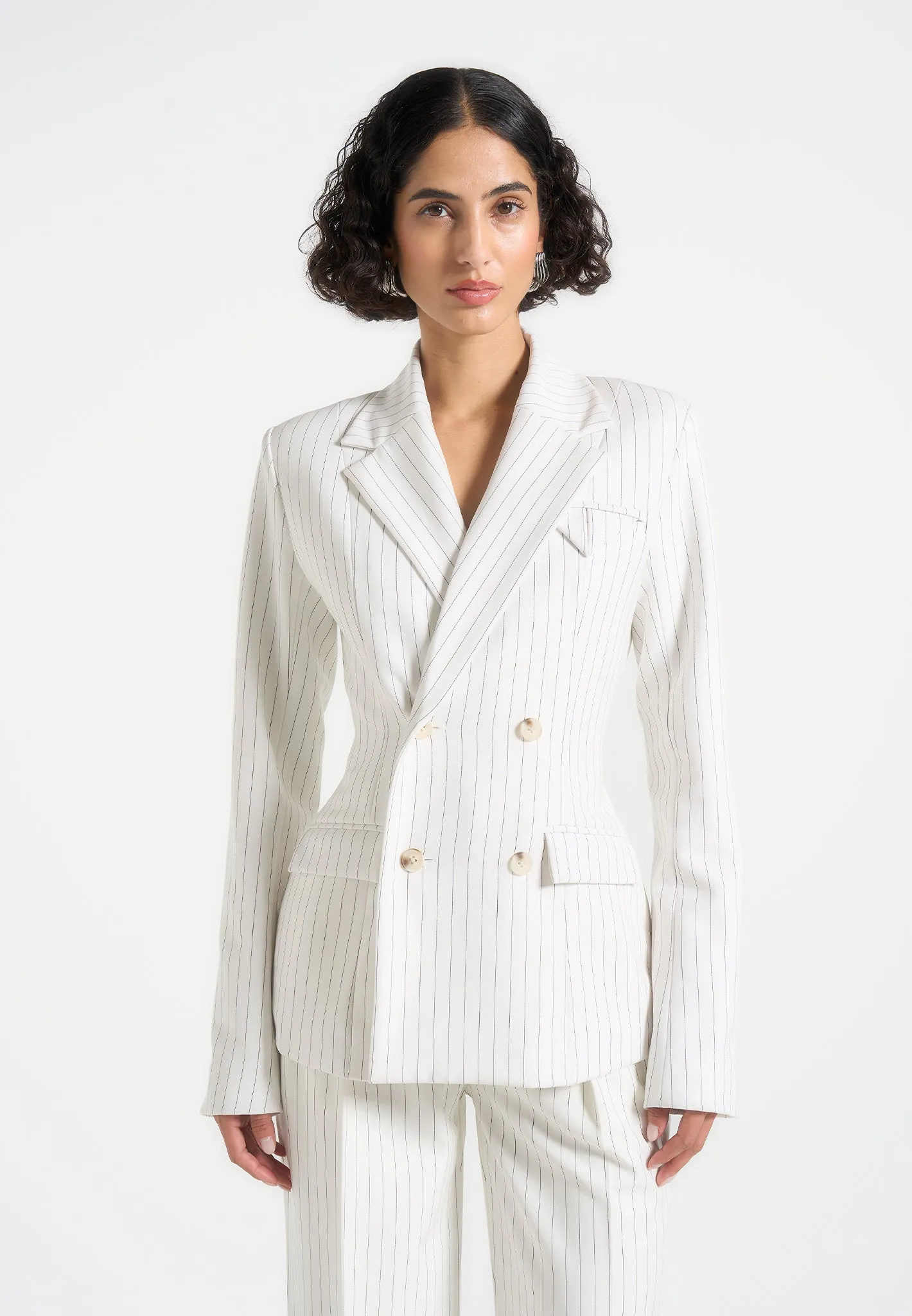Maia - Pinstripe Double Breasted Blazer - White sold by Maniere De Voir