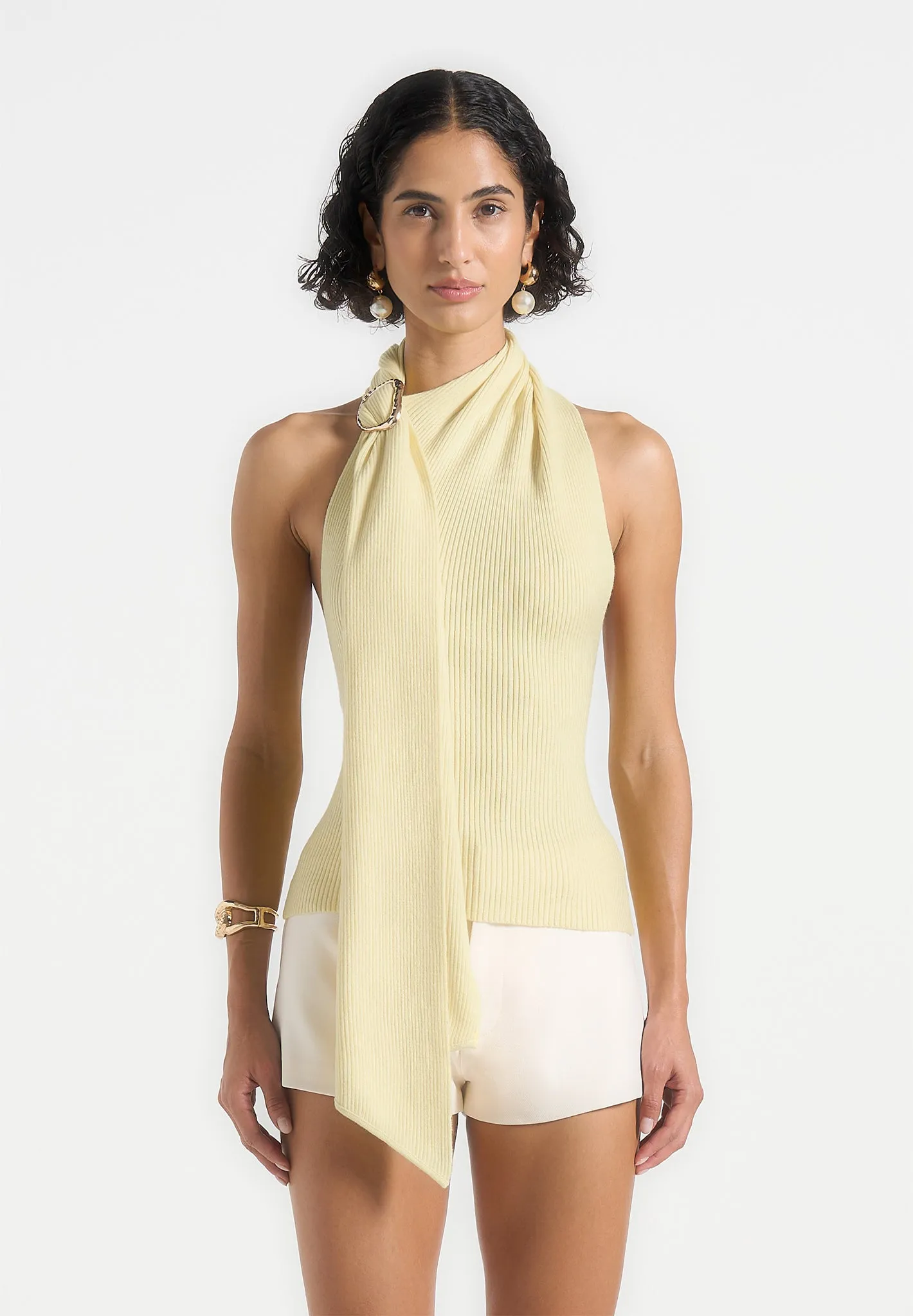 Elodie - Knitted Draped Halterneck Top - Pale Yellow sold by Maniere De Voir product image thumbnail 3