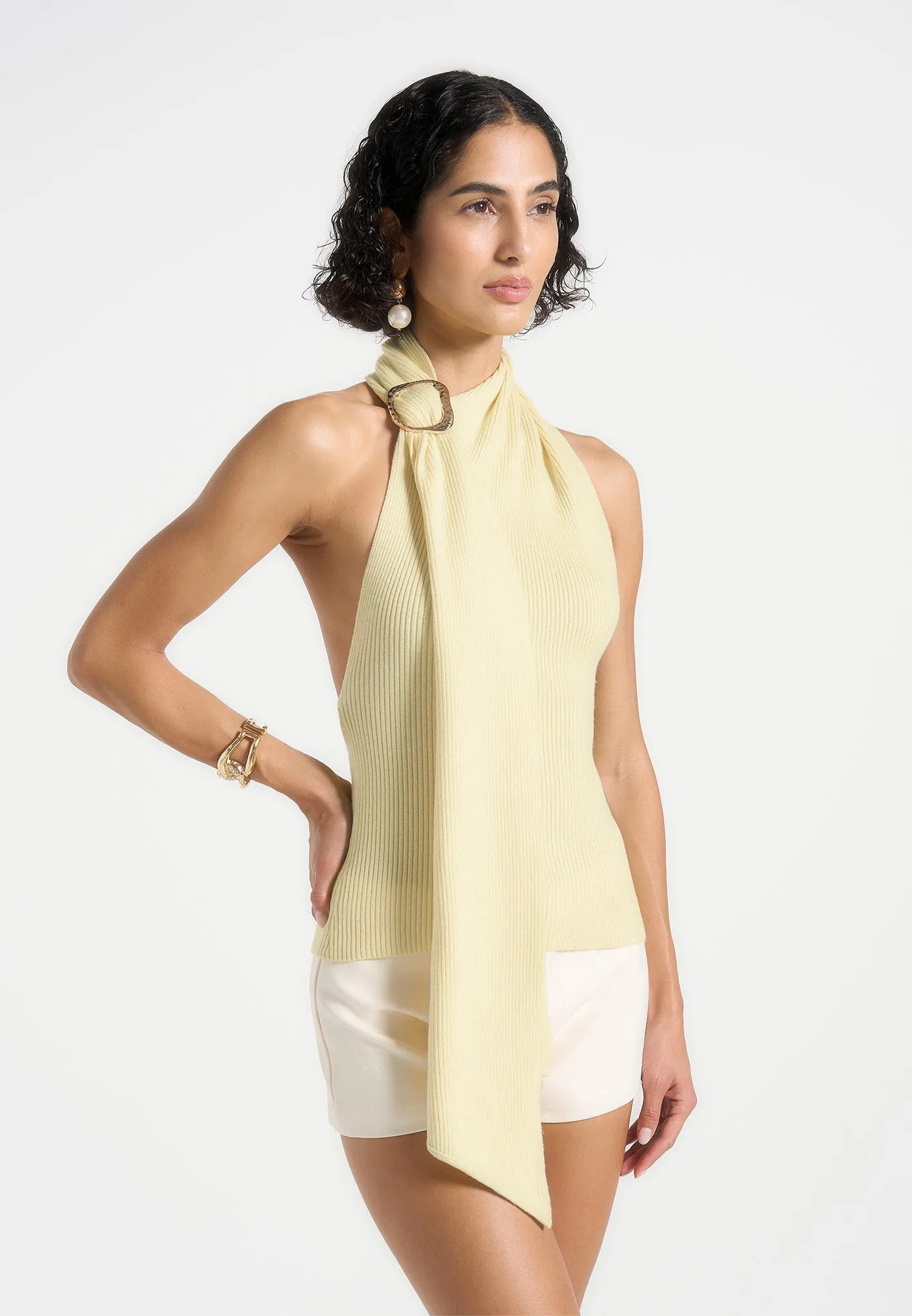Elodie - Knitted Draped Halterneck Top - Pale Yellow sold by Maniere De Voir product image thumbnail 5