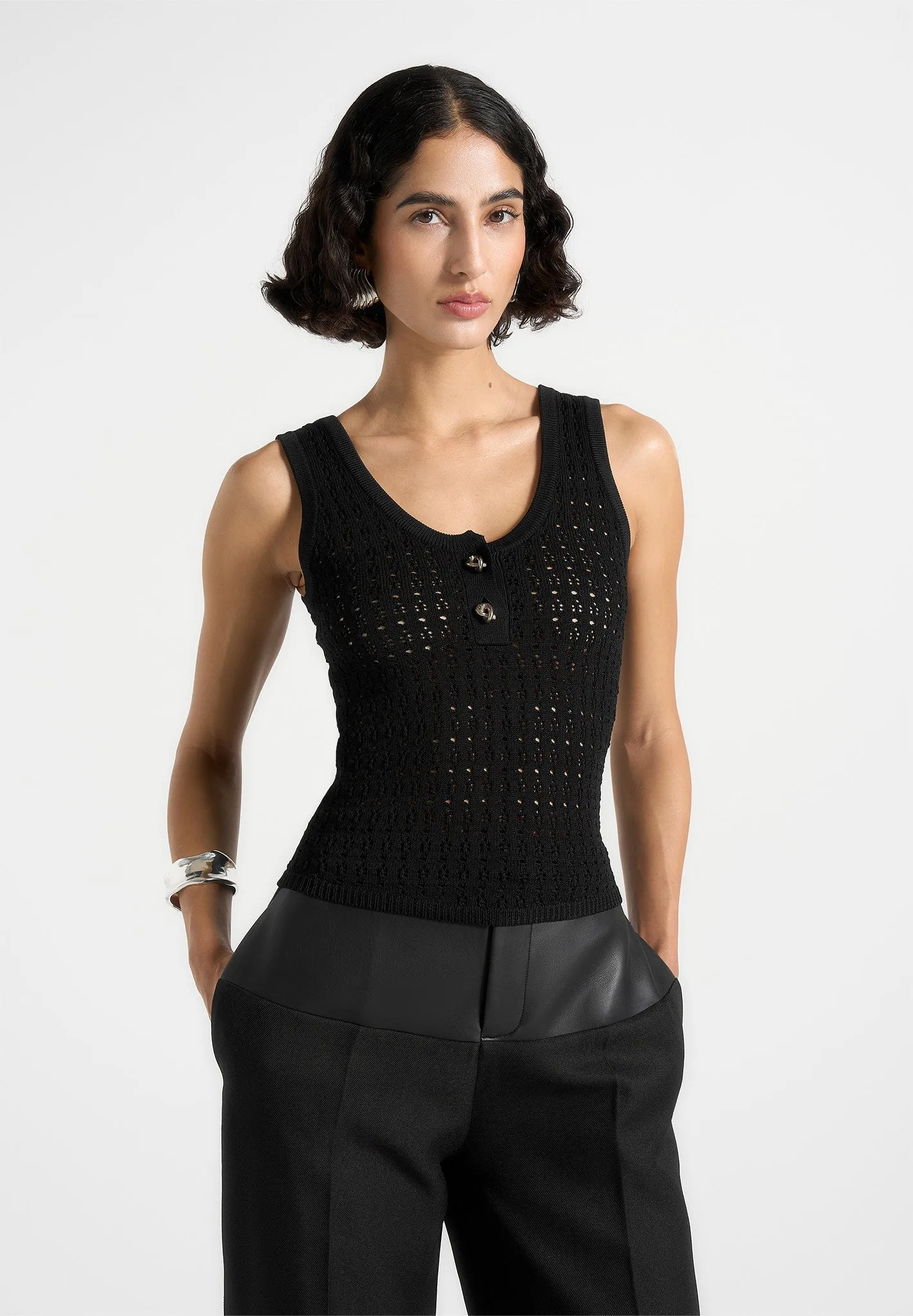 Nora - Pointelle Knitted Vest with Knot Button - Black sold by Maniere De Voir