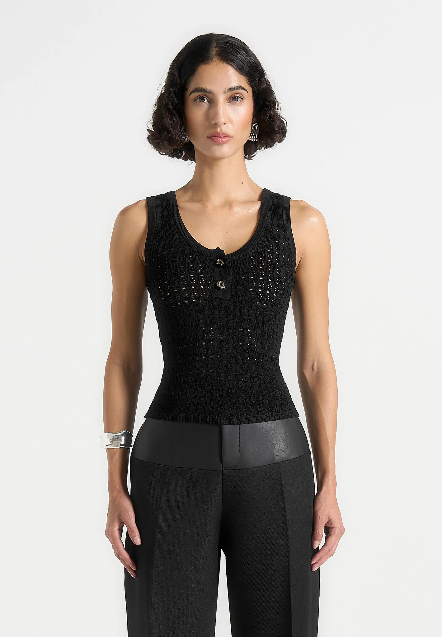 Nora - Pointelle Knitted Vest with Knot Button - Black sold by Maniere De Voir product image thumbnail 5